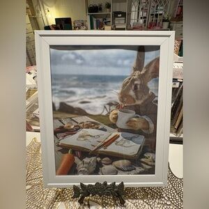 Cute White Framed Rabbit by the Ocean Coastal 8x10 Art Print